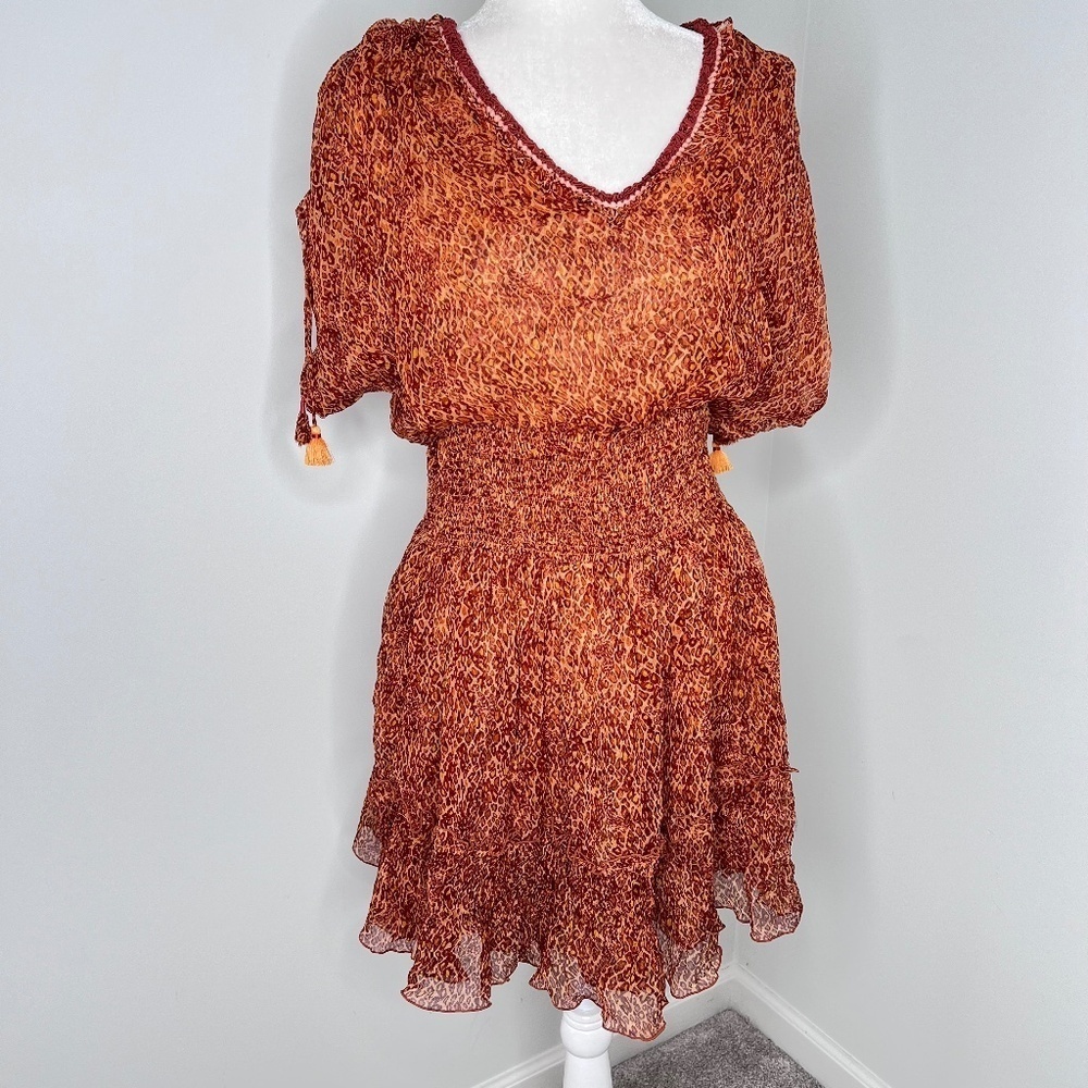 NWT Poupette St Barth Jena Ruffled Smocked Leopard Orange Mini Silk Dress M